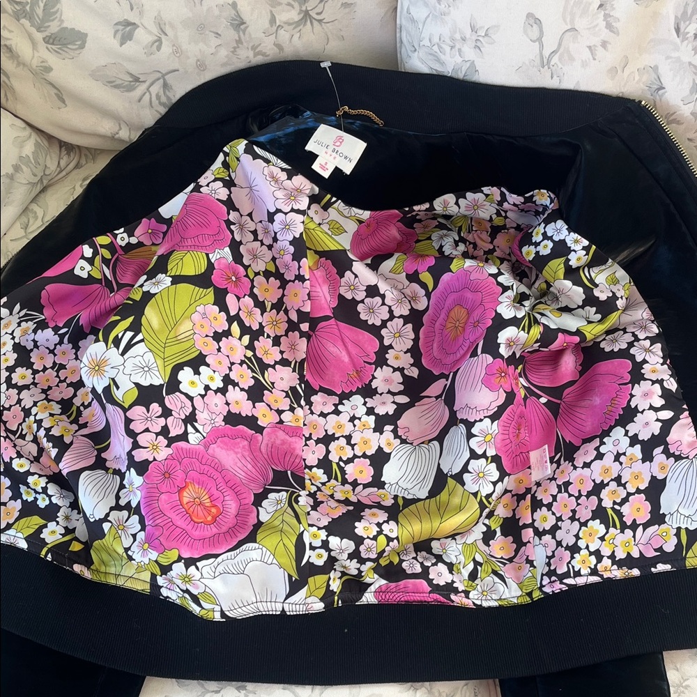 Julie Brown Patent Leather Coat Bomber Floral Lining